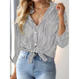 Stripes Print Button Front Shirt, Casual Long Sleeve Lapel Neck Shirt For Spring & Fall, Women's Clothing