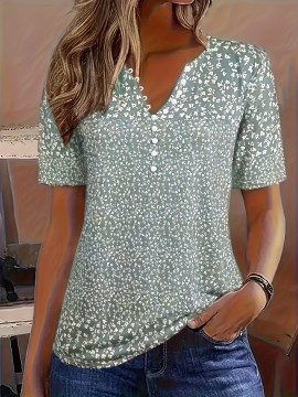 Allover Print Button Front V Neck Blouse, Casual Short Sleeve Top For Spring & Summer, Women's Clothing