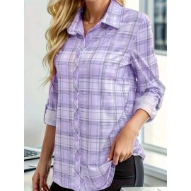 Women's Plaid Button Front Shirt - Stylish Long Sleeve Lapel Top for Spring & Fall