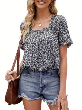 Floral Print Square Neck Blouse, Casual Short Sleeve Blouse For Spring & Summer, Women's Clothing
