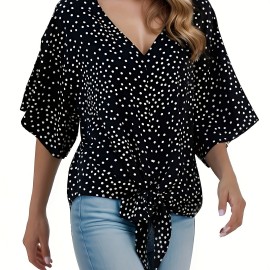 Floral Print Lace Up Blouse, Casual Short Sleeve V-neck Blouse, Women's Clothing