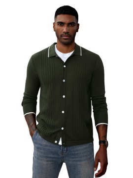 Men's Casual Knitted Cardigan With Long Sleeves And Lapel Collar, Button-up Front Sweater