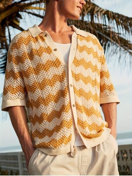 Men's Knitted Wave Pattern Color Block Cardigan, Short Sleeve Button Up Lapel Casual Summer Shirt, Breathable Holiday Hawaii Versatile Outerwear