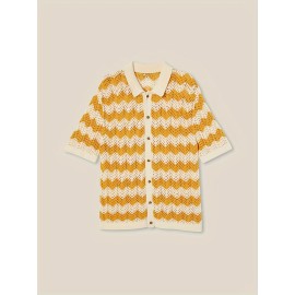 Men's Knitted Wave Pattern Color Block Cardigan, Short Sleeve Button Up Lapel Casual Summer Shirt, Breathable Holiday Hawaii Versatile Outerwear