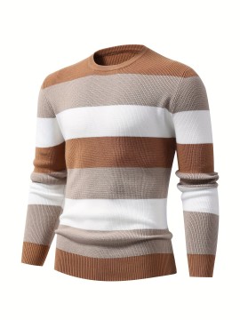 Men's Stylish Color Blocked Knitted Pullover - Casual Breathable Long Sleeve High Stretch Crew Neck Top