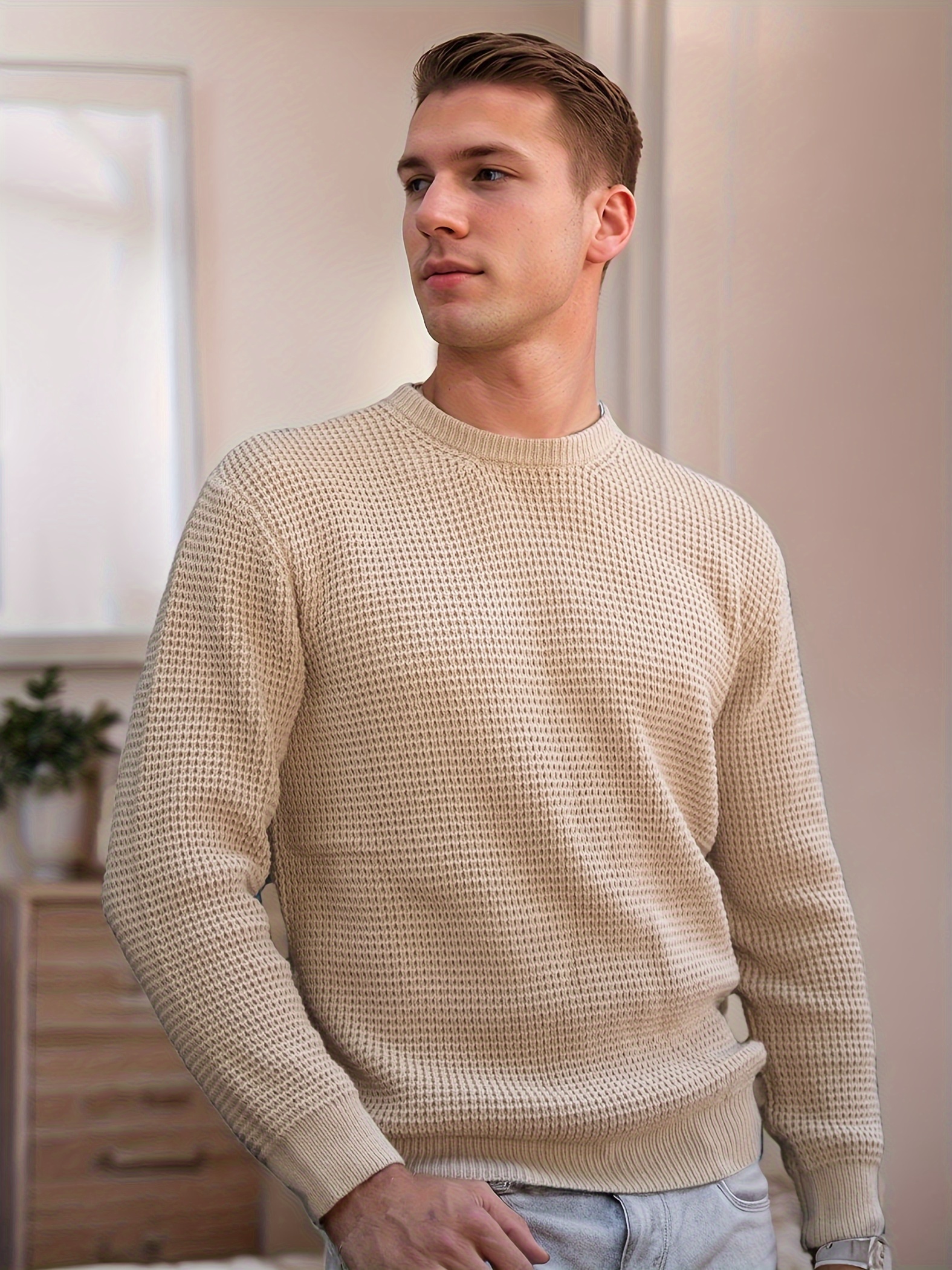 mens crew neck waffle texture long sleeved knit sweater details 2